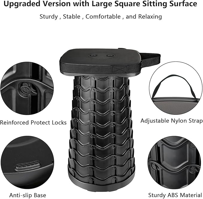 Upgraded Folding Stool Heavy Duty 550lbs Load Capacity Collapsible Portable Sturdy Telescopic Stool for Camping Travel Hiking (Black)