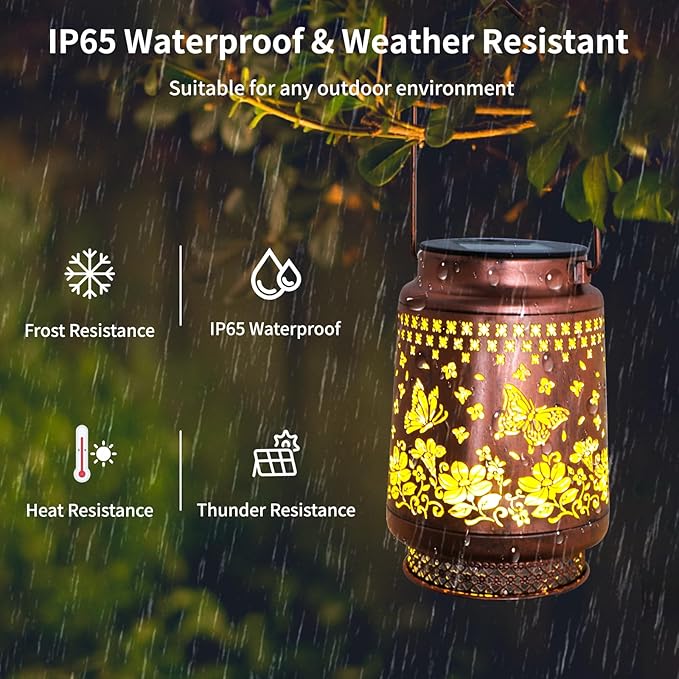 Solar Lanterns Outdoor Waterproof, AOSITE 2 Pack Butterfly Hanging Solar Lights Lantern Metal LED Lanterns Outdoor Decorative Gifts for Women Men, Garden Decor Lantern for Patio Yard Front Porch