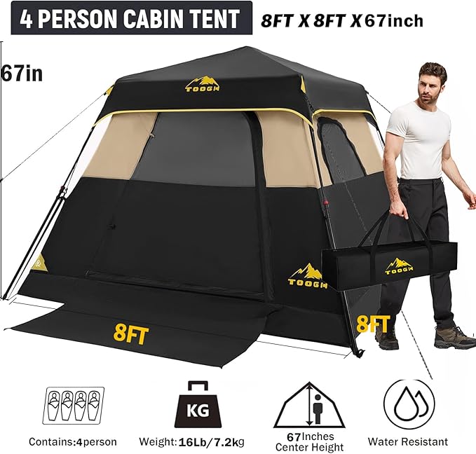 3/4 Person/6 Person Camping Tent Fast Cabin Tent with Instant Setup Tent, Weatherproof Tent Easy Quick Set Up & Pop Up in 60 Seconds with Rainfly Backpack for Family Camping,Upgraded Ventilation