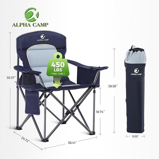 ALPHA CAMP Oversized Camping Chair Heavy Duty Lawn Chair with Cooler Bag Support 450 LBS Steel Frame Collapsible Padded Arm Quad Lumbar Back Folding Chair for Lawn Outdoor