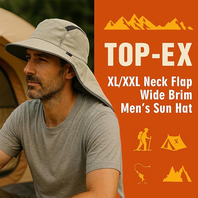 TOP-EX M/L/XL/XXL Unisex Mens Sun Hat with Neck Flap Sunglass Lock UPF 50 Wide Brim Fishing Hats Waterproof & Packable