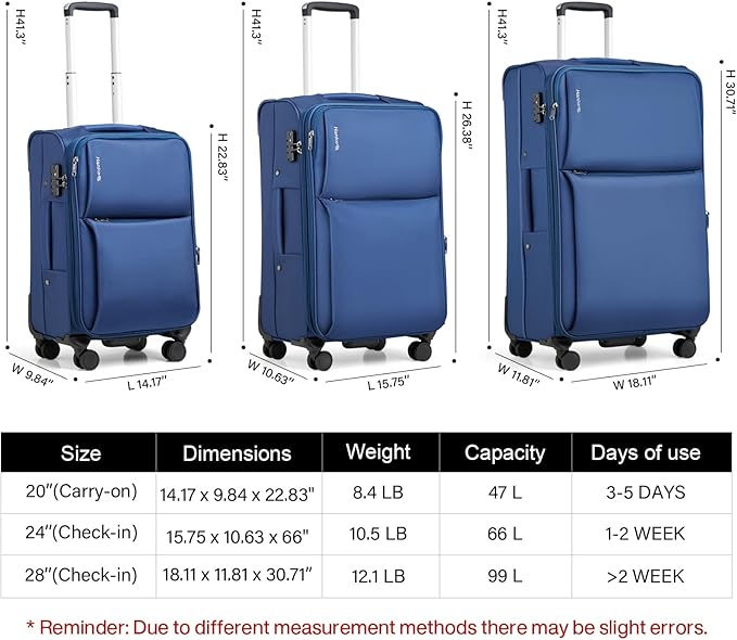 Hanke 28 Inch Luggage Softside Expandable Suitcases with Spinner Wheels, Travel Checked Luggage for Women Men(Blue)