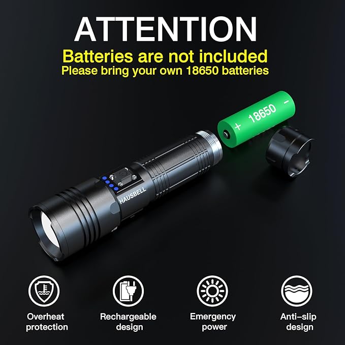 HAUSBELL A100 Upgraded LED Flashlights 20000 High Lumens, Zoomable Bright Flashlight with 5 Modes, Long Range 2000ft, Waterproof Powerful Tactical Flash Light for Emergency, Camping Gear, Hiking