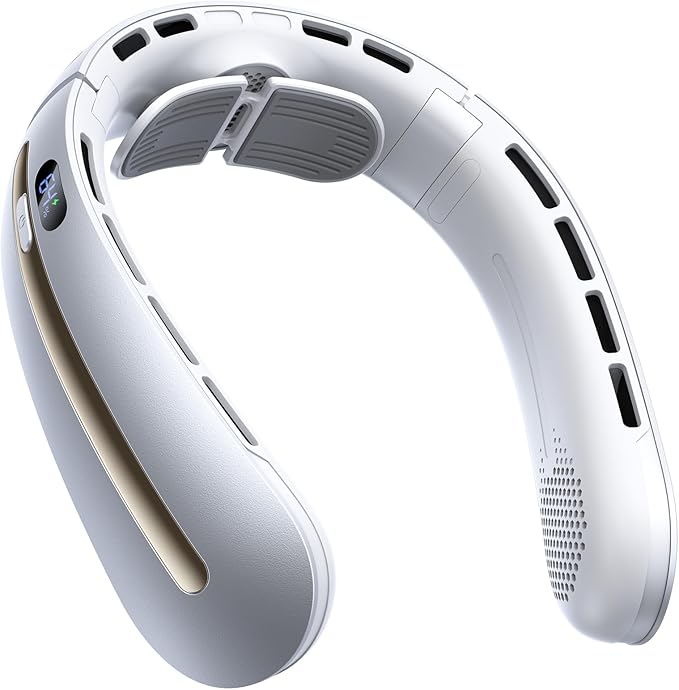 SWEETFULL Neck Fan, 3 Turbo Portable Fans with Neck Support, 4 Speed & LED Display, 5200mAh Rechargeable Personal Fan, Hand-Free Wearable Bladeless Cooler, Gift for Travel Birthday, Men, Women (White)