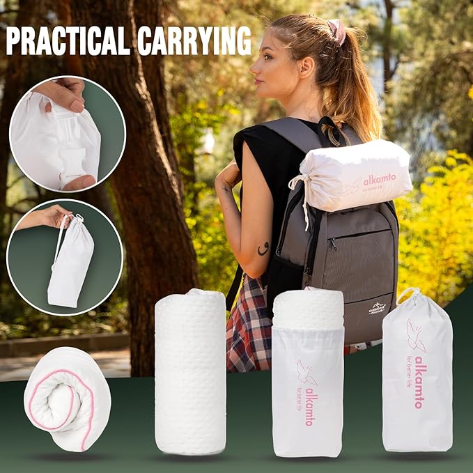 Travel & Camping Comfortable Memory Foam Pillow – Easy to Carry Portable Bag – Temperature Regulating Pillow Case (Pink + Extra Cover)