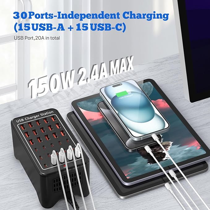 USB C Charging Station,150W 30 Ports USB C Charger【15USB-C + 15USB-A】,Multiple Devices Charger Compatible with Samsung/iPhone/iPad/Google Pixel/Tablets and Other USB Electronics