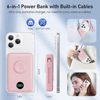 Magnetic Portable Charger for iPhone with Built-in Cables, 6-in-1 10800mAh Power Bank with iWatch Charger & LCD Display,25W Fast Charging Battery Pack for iPhone 16/15/14/13/12,Apple Watch (Pink)