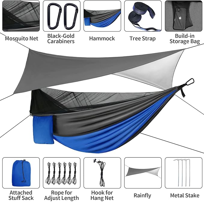 Camping Hammock with Mosquito Bug Net Tent and Rain Fly Tarp, Portable Single Double Nylon ParachuHammock with Heavy Duty Tree Strap for Backpacking Travel Survival Hiking Outdoor Activities (Blue)