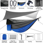 Camping Hammock with Mosquito Bug Net Tent and Rain Fly Tarp, Portable Single Double Nylon ParachuHammock with Heavy Duty Tree Strap for Backpacking Travel Survival Hiking Outdoor Activities (Blue)