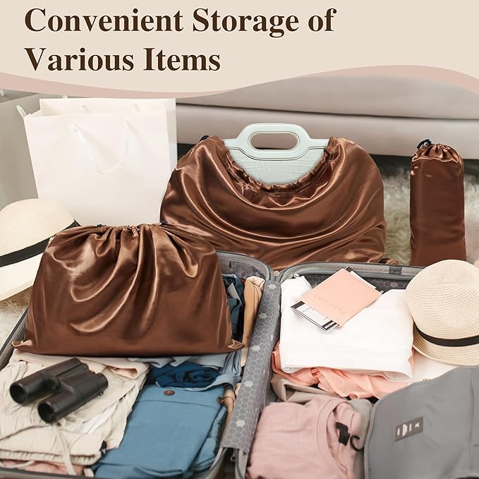 Ersmak 6 Pack Dust Bags for Handbags - Brown Silk Dust Cover Bag for Purses Shoes - Satin Drawstring Dustproof Bags for Travel Storage - 23.6 x 19.7 In