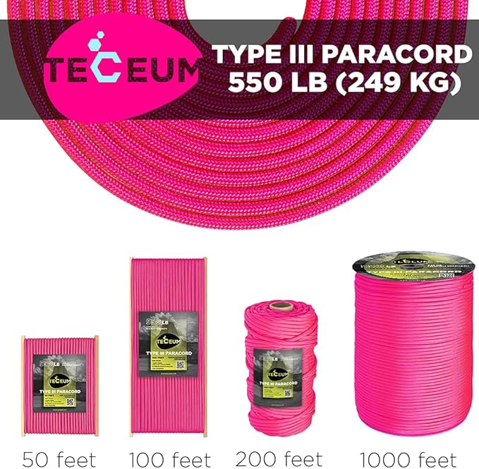 TECEUM 5/32" Paracord Rope 1000 – 1000ft / 200ft / 100ft / 50ft – Tactical Parachute Cord 4mm – 45+ Colors – Nylon String for Survival & Camping Gear – Stripe Cord for Survival – Utility Rope