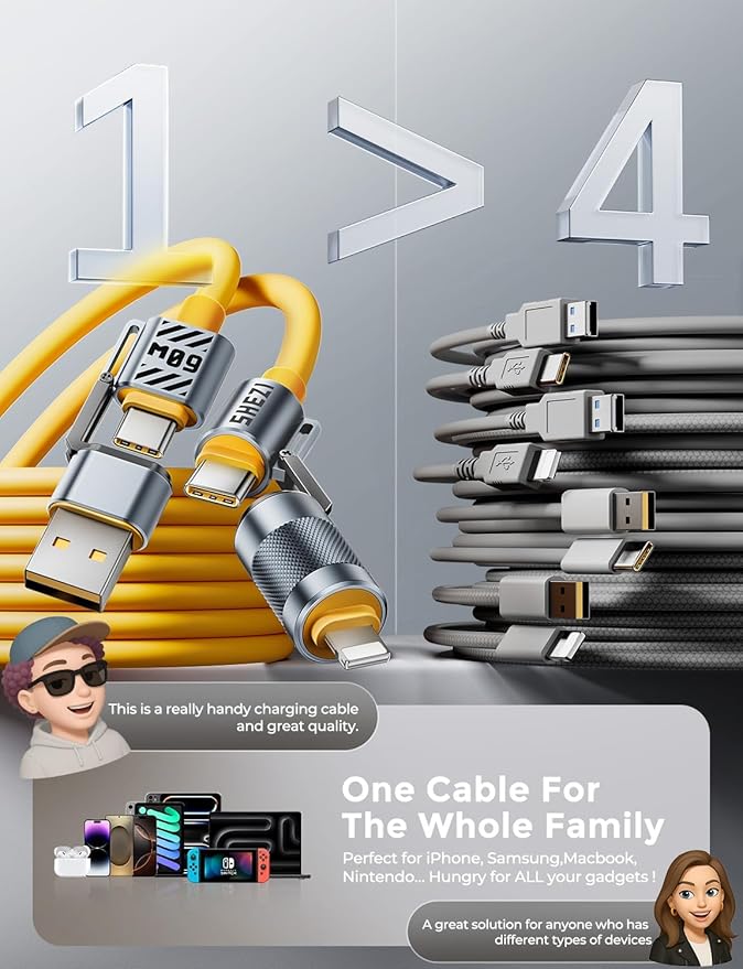 4 in 1 USB C Cable 60W Compatible With Lightning Cable Fast Charging & Data Transfer, Multi Charger Cord Combo for iPhone iPad Charger Wire with L/Type C/USB A for iPhone 16/15/Macbook, Yellow