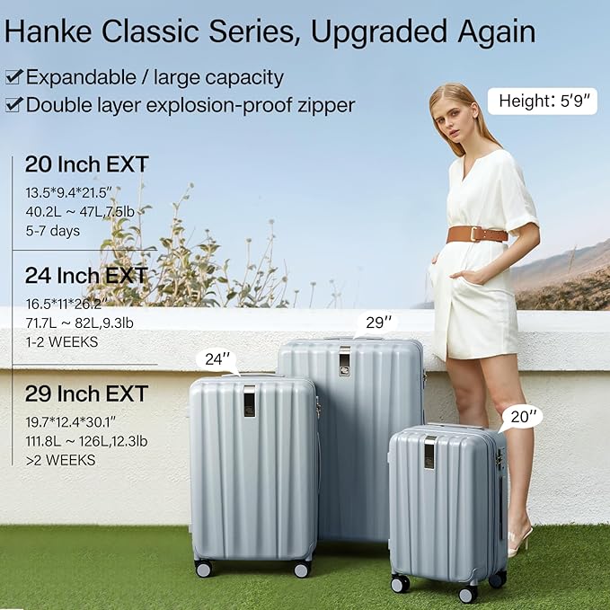Hanke Expandable Hardshell Luggage Sets 3 piece Carry on Luggage with Wheels Suitcases Lightweight Checked Travel Luggage Rolling Large Suitcase Travel Luggage Bag Woman Men 20/24/29 Inch(Gray)