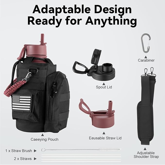 KXIAOCHEN Insulated Water Bottle, Stainless Steel Water Bottle, 2 Lids (Straw and Handle Lid),Wide Mouth Metal Water Bottles Keep Hot and Cold, Double Walled, Thermo Mug, Metal Canteen