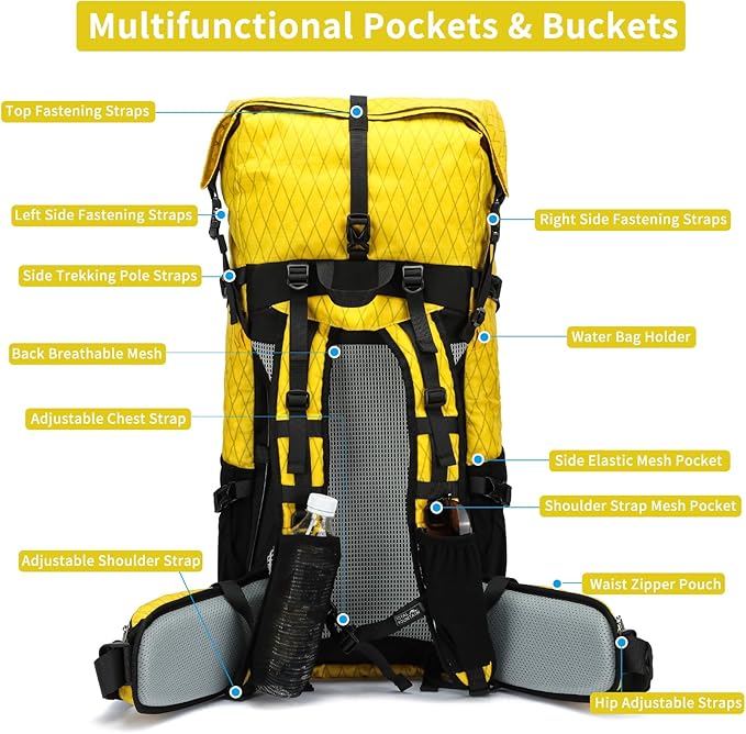 Hiking Backpack,30L +10L Extra Large Capacity Hiking Bag,Internal Frame Camping Backpack,Upgraded X-PAC Lightweight Sport Daypack Travel Backpacks Fit For Mountain Climbing Camping (Yellow)