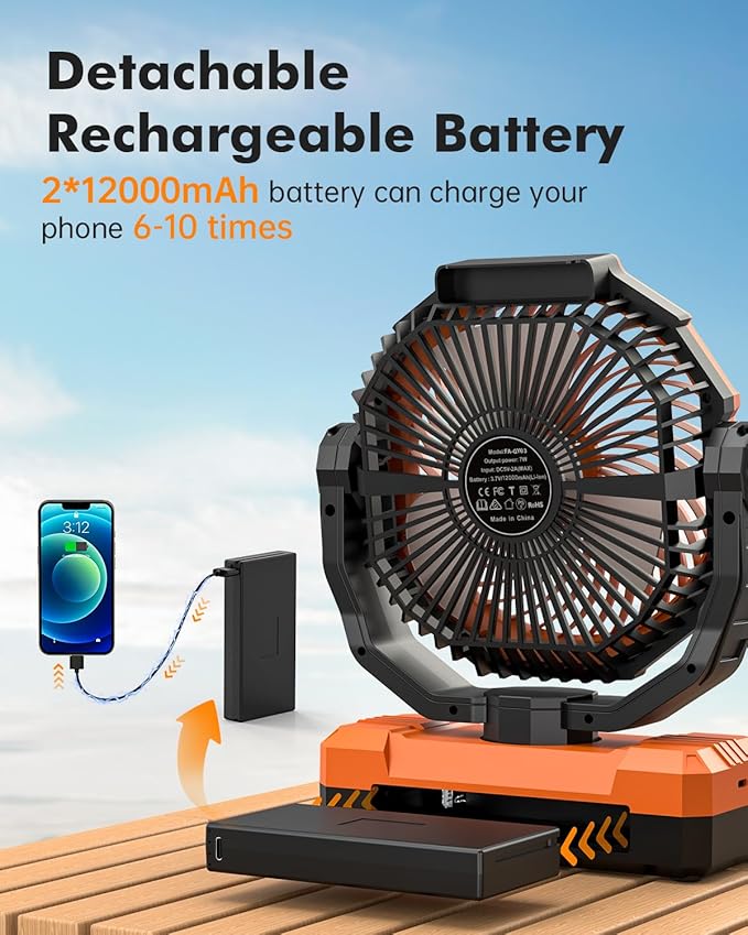24000mAh Camping Fan - Detachable Rechargeable Battery Operated Fan with Light & Hook for Tent, Outdoor - USB Table Fan with 4 Speeds for Picnic, BBQ, Fishing, Travel, Hurricane
