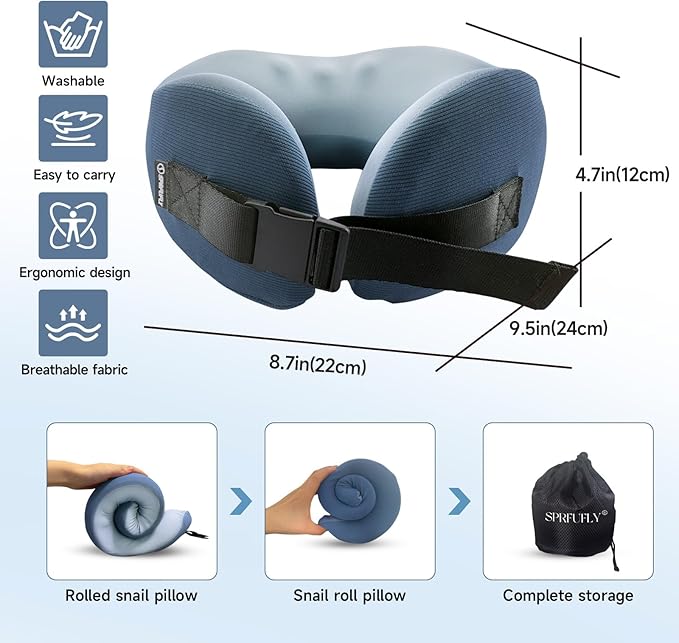 SPRFUFLY Neck Pillow for Traveling, Airplane Pillow with Sleep Mask and Ear Plugs, Breathable Removable Cover & Ergonomic Design - Essentials Travel Pillow for Airplane/Car Road Trip(Azure Blue)