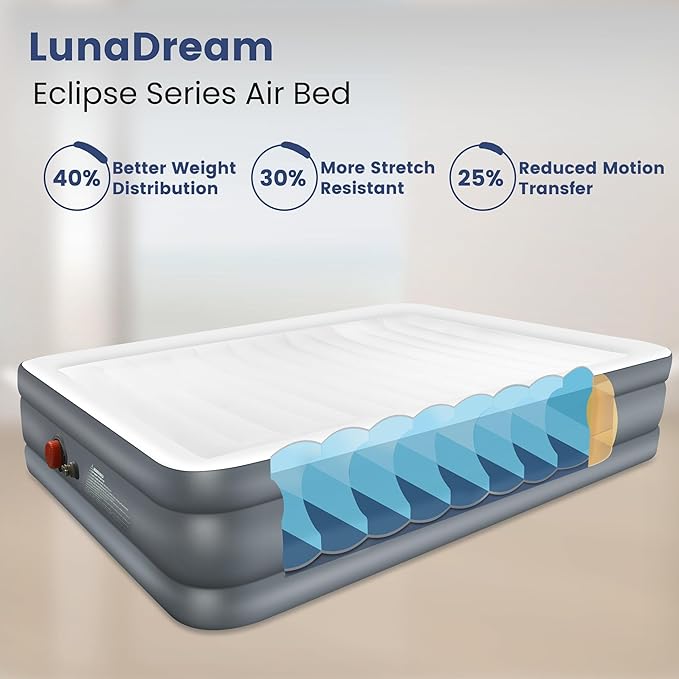 Eclipse Series Queen Air Mattress with USB Rechargeable Built-in Pump, Wireless Inflatable Airbed, Durable Leakproof Design, Portable for Home & Camping