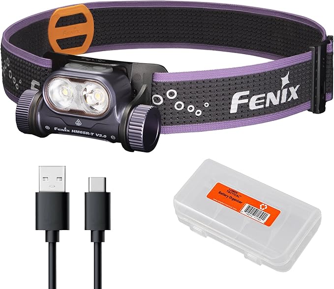 Fenix HM65R-T V2.0 Running Headlamp, 1600 Lumen White Light and Warm White Dual Beams, USB-C Rechargeable, Lightweight Long Runtime for Trail Running, with Organizer (Dark Purple)
