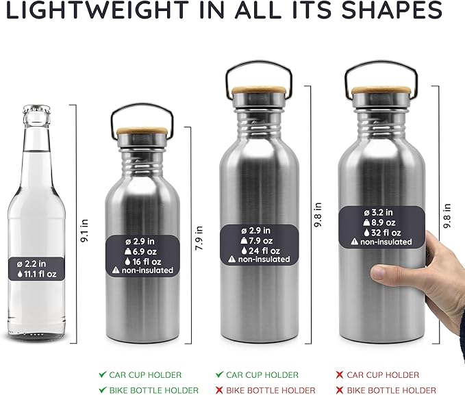 Bambaw Stainless Steel Single Wall Water Bottle, 24 oz, 750 ml, Reusable, Leakproof, Dishwasher Safe, BPA Free, Ideal for Travelling, Hiking, Yoga