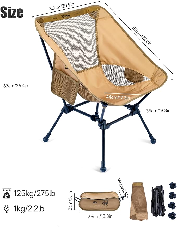 iClimb Ultralight Compact Camping Folding Beach Chair with Anti-Sinking Large Feet