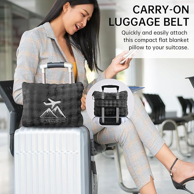 Travel Blanket and Pillow-2-in-1, Ultra-Soft&Compact, One-Piece Airplane Blanket with Hand Luggage Belt and Backpack Clip,Travelers Accessories Gifts, 61x43 Inches (Dark Grey)