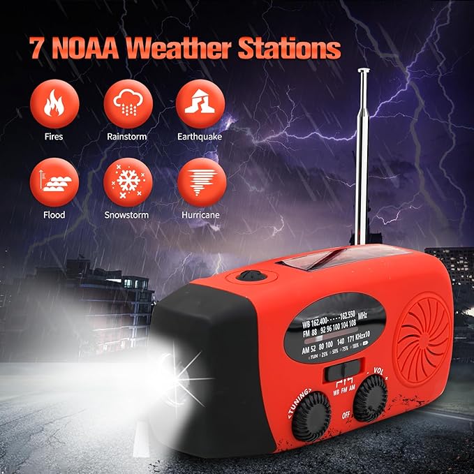 18500mWh/5000mAh Emergency Crank Weather Radio, iRonsnow NOAA/FM/AM Solar Radios, Portable Survival Radio with SOS, Earphone Jack, 1W 4 Modes LED Flashlight, Cell Phone Charger for Camping Hiking