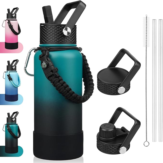 BJPKPK 32oz Insulated Water Bottles with 3 Lids, Paracord Handle & Non-slip Boot, Stainless Steel Metal Water Bottle,Reusable BPA Free Thermo, Tumblers, Army Green & Black