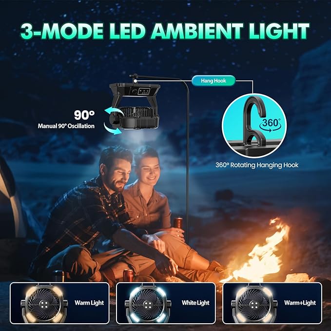 Portable Misting Fan 42800mAH Rechargeable with Remote Control, 6L Bucket Camping Fan with LED Lights & Stepless Speed Control & Cooling Mist, Portable Handle & Rotate Hook, Timer Function