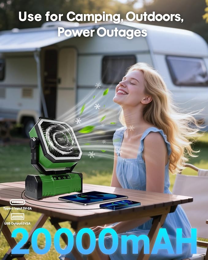 Camping Fan, Portable Fan 20000mAh Rechargeable Battery Powered Fans, Quiet 4-Speeds, 4-LED Light,360° Hanging Hook for Outdoor Picnic Tent Beach Travel Barbecue, Green