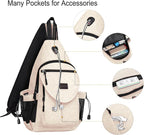 MOSISO Sling Backpack,Canvas Crossbody Hiking Daypack Bag with Anti-theft Pocket, Beige