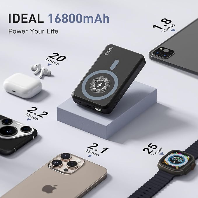 2025 Magnetic Wireless Power Bank, 16800mAh Portable Charger with 2 Built in Cables, LED Display Magnetic Battery Pack Travel Essentials for iPhone 16/15/14/13/12/Pro/Mini/Pro Max Andriod-White