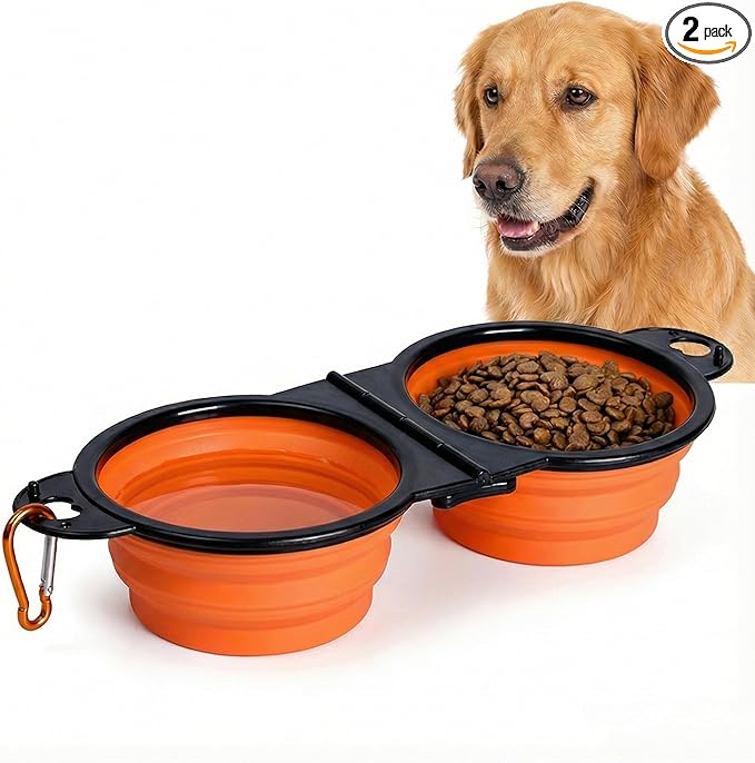 Collapsible Dog Bowls with Carabiner, Double Portable Travel Pet Bowls for Food and Water, Foldable Silicone Dog Bowl for Walking, Hiking, Camping, Small Medium Dogs and Cats,Orange