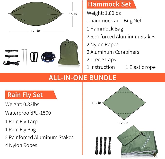 NewDoar Camping Hammock with Mosquito Net and Rain Fly Tarp,Portable Single Nylon Parachute Hammock Rainfly Set,Tree Straps Swing Hammock Bed for Outdoor Backpacking Backyard Hiking(ArmyGreen)