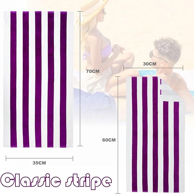 Exclusivo Mezcla 4 Pack Cotton Large 30x60 Inches Soft Cabana Stripe Thick Beach Towel, Super Absorbent Travel Bath Pool Towel (Purple)