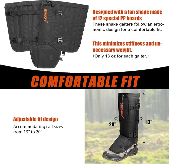 Frelaxy Snake Gaiters, Waterproof Snake Guard Chaps, Snake Bite Protection for Lower Legs, Adjustable Snake Proof Gaiters for Hunting/Outdoor Working, Fit for Men & Women
