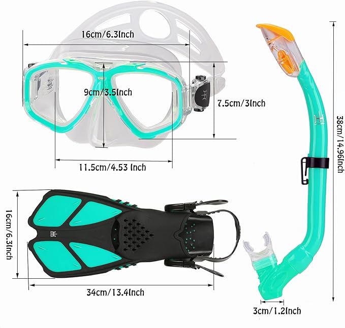 Kids Mask Fins Snorkel Set Snorkeling Packages, with Diving Mask, Snorkel, Adjustable Swim Fins, Mesh Bag, Anti-Fog Anti-Leak Snorkeling Gear for Kids for Snorkeling Swimming Diving