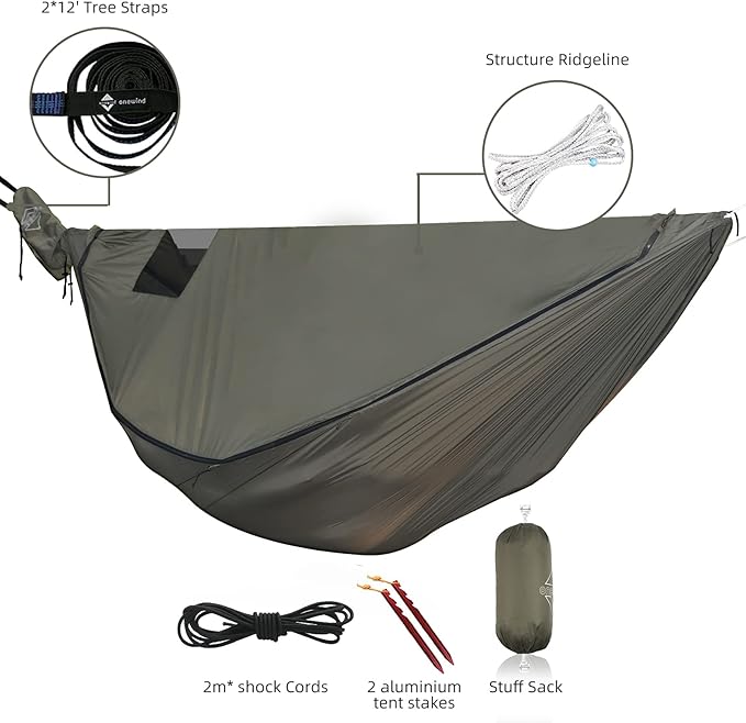 Onewind Airstream Camping Hammock with Mosquito Net and Windsock, Portable Hammock with Tree Straps and Bugnet for Winter Camping, Hiking, Backpacking, OD Green