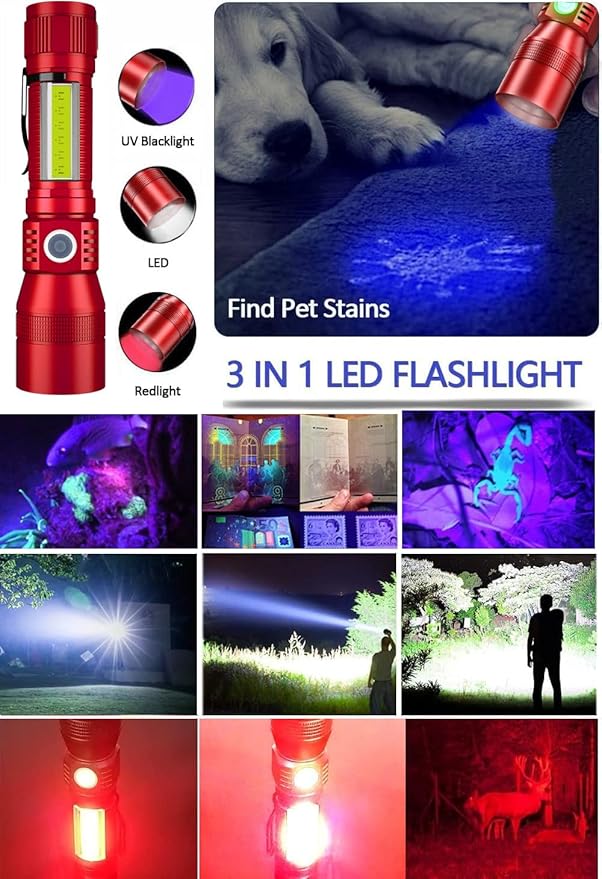 Black Light UV Flashlight Rechargeable, 3in1 Super Bright Tactical Flashlights LED UV Black Light &Redlight, 1500Lumen 7Modes, Zoomable, Waterproof Pocket Flashlight for Pet Stains Detection,Camping