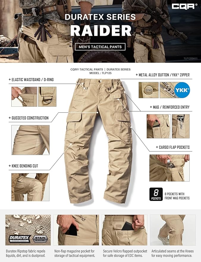 CQR Men's Tactical Pants, Water Resistant Ripstop Cargo Pants, Lightweight EDC Work Hiking Pants, Outdoor Apparel