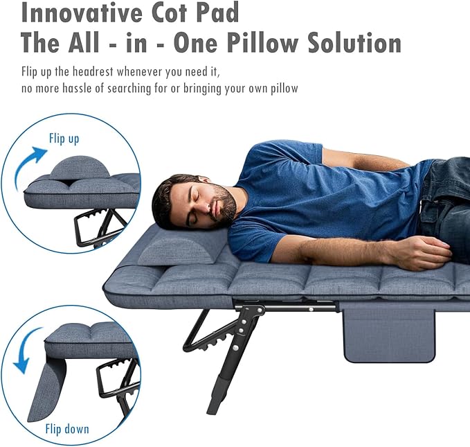 ATORPOK Folding Camping Cot for Adults with Padded Mattress and Pillow, Adjustable Reclining Lounger Sleeping Cot Bed, Ideal for Camping, Travel, Garden, or Office Use, Blue