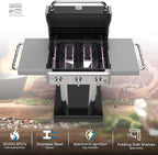 Kenmore 3-Burner Propane BBQ Grill, 30,000 BTUs Gas Grill with Cast Iron Cooking Grates, Folding Side Tables & Wheels, Outdoor Grill with Tool Hooks, Black