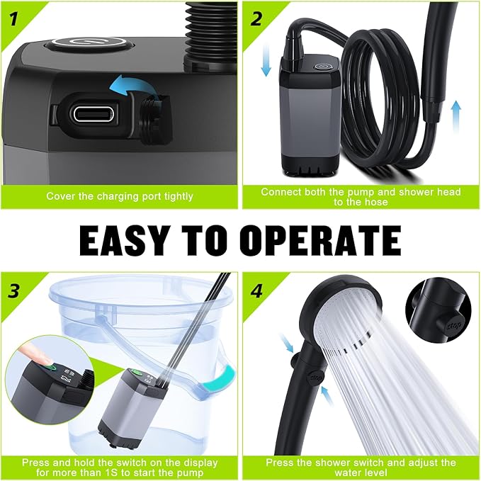 Portable Shower for Camping, [Long-Lasting] Spopal 6000mAh Rechargeable Camping Shower with Intelligent LED Display, 4 Spray Modes, IPX7 Waterproof Outdoor Camp Pump for Hiking, Travel, Car, Pet