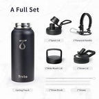 Trebo 32 oz Water Bottle Insulated with Lid and Straw,Double Wall Vacuum Stainless Steel Metal Tumbler Sports Flask with Paracord Handle, Keep Hot 24 Hours & Cold 48 Hours Water Cup with 3 Lids, Black