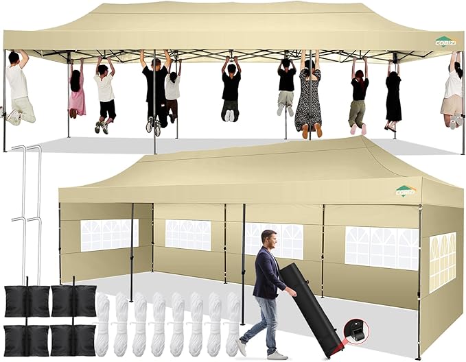 COBIZI 10x30 Pop up Canopy Tent 10x30 Canopy with 8 Sidewalls Waterproof Heavy Duty Commercial Canopy Tent for Parties Outdoor Tent Garden Gazebo Tent, Carry Bag with Wheel(10x30ft,Khaki)