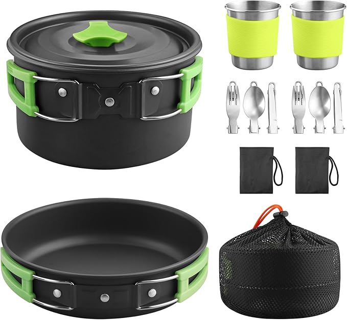 VINTEAM Camping Cookware Set 830g Stainless Steel Pot Pan Set with Folding Handle and Storage Bag for 1-2 Person Outdoor Hiking Camping