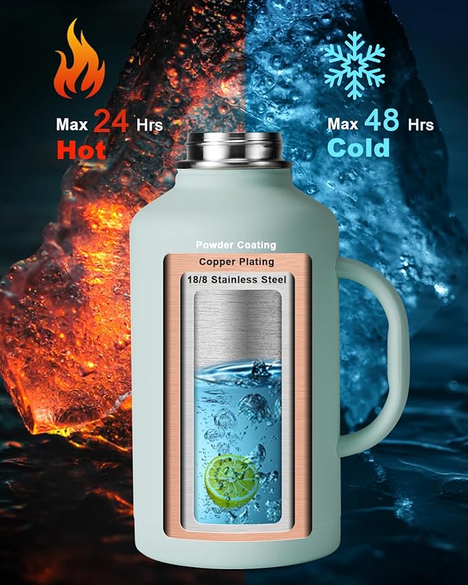 Half Gallon Water Bottle with Handle and Carry Pouch,64 oz Stainless Steel Insulated Jug Flask with Straw Lid Spout Lid,Reusable Metal Water Bottle Mug Tumbler Cup,Keep Cold & Hot,Green