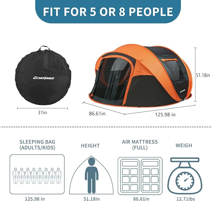 EchoSmile Instant Pop Up Camping Tent, 2/4/6 Person, Easy Setup Tent, Water Resistant Dome, Portable with Carry Bag