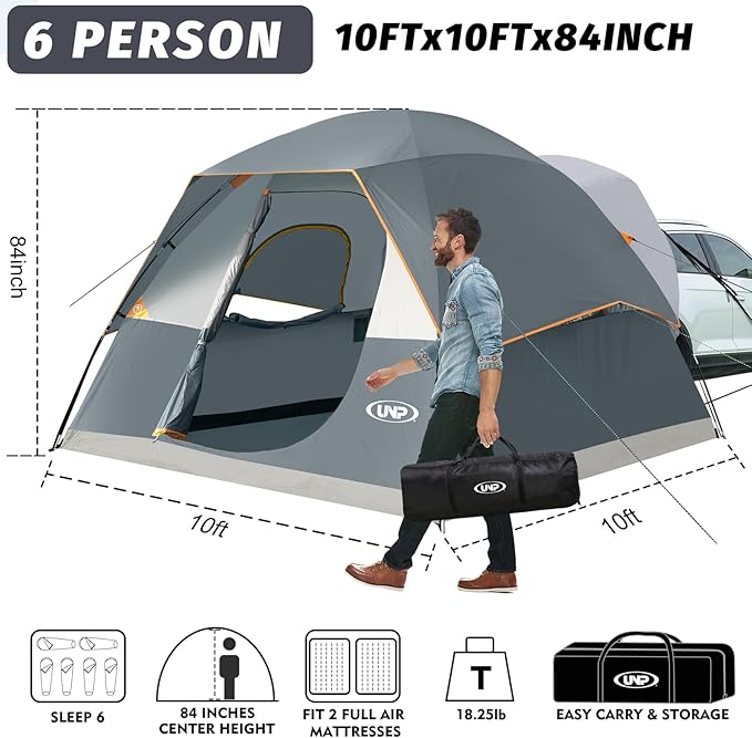 UNP SUV Dome Tent for Camping, Outdoor 6 Person Car Camping Tent, Easy Set Up SUV Tailgate Tent with Rainfly 10' x 10' Vehicle Camping Tent