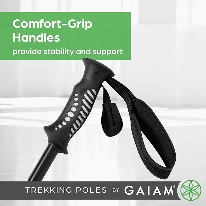 Gaiam Trekking Poles (Pair, Black), Lightweight 7075 Aluminum Hiking Support Walking Stick, Comfort-Grip Handles, All-Terrain Baskets & Styles Included, Camping & Hiking Essentials